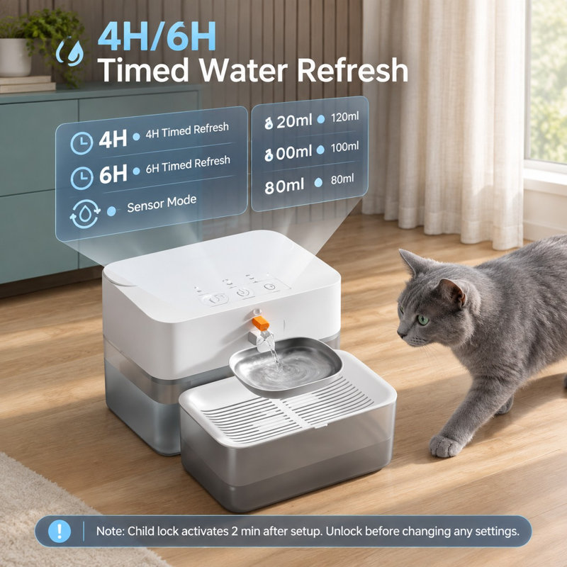 Fontaine à eau automatique sans filtre pour chats, avec séparation des eaux usées et mode capteur.