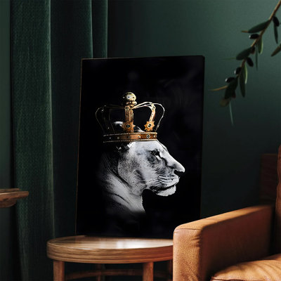 1 pièce d'art mural, affiche encadrée, lionne majestueuse avec couronne dorée, reproduction d'art sur toile moderne en noir et blanc pour salon, chambre à coucher, bureau, décor à la maison, peinture de faune contemporaine, prête à être accrochée