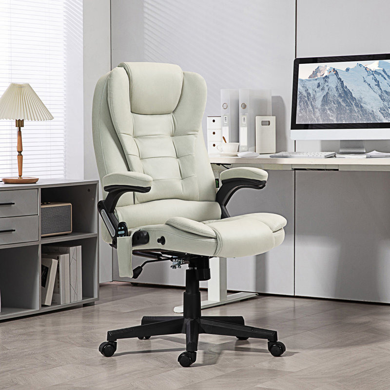 Fauteuil de bureau à 6 points de massage vibrant avec chaleur et dossier haut, Polyester, Beige
