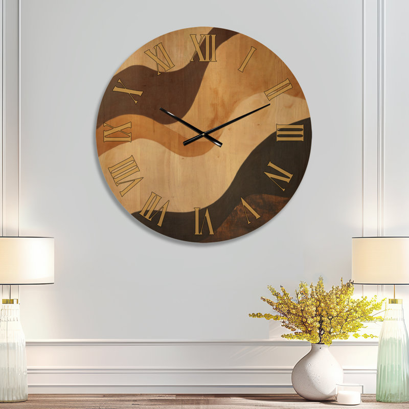 Windswept Rolling Hills II - Horloge murale ronde de style milieu du XXe siècle, imprimée sur bois, Grand