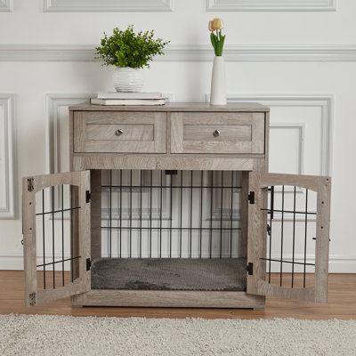 Mobilier de caisse pour chien à 2 tiroirs, table de bout pour chenil d'intérieur en MDF avec rangement, cage décorative pour petits et moyens chiens, mobilier de chambre à coucher, grand, gris