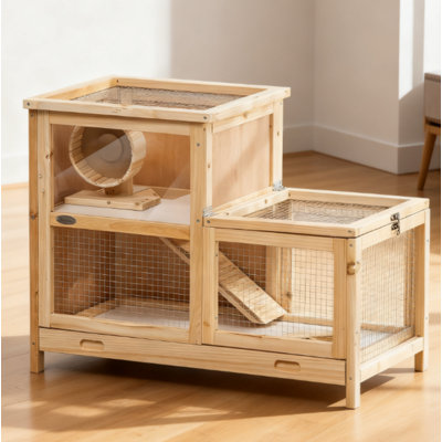 2-Tier Wooden Hamster Cage, Small Animals Hutch, Natural