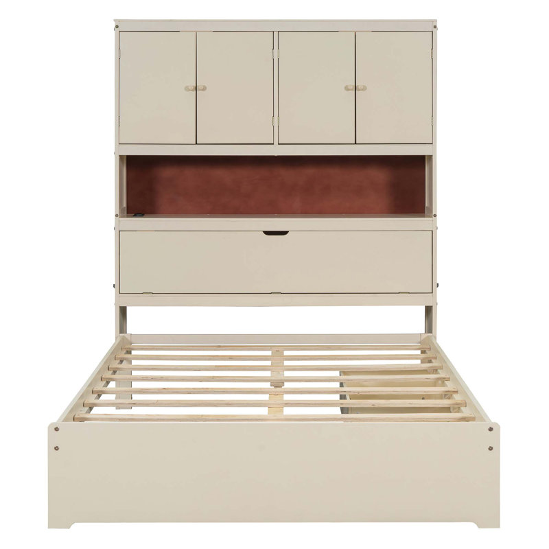 Lit plateforme en bois avec port USB, tête de lit et tiroirs de rangement, Crème, crème