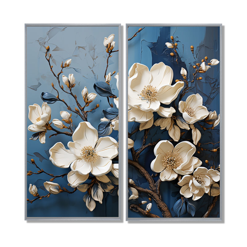 Décoration murale bleu et blanc Magnolia en fleurs I - Magnolias floraux, H 20 po x l 24 po, Impression encadrée flottante