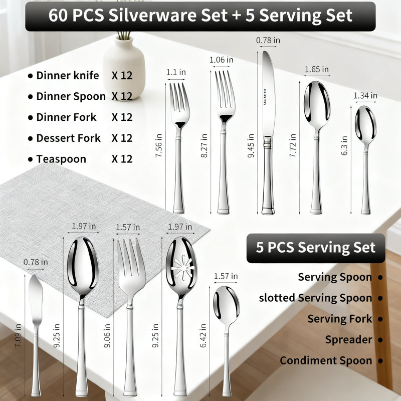 Ensemble de couverts 65 pièces en acier inoxydable 65 pièces pour 12 couverts 18/10 avec ustensiles de service, finition polie miroir pour les repas quotidiens et formels