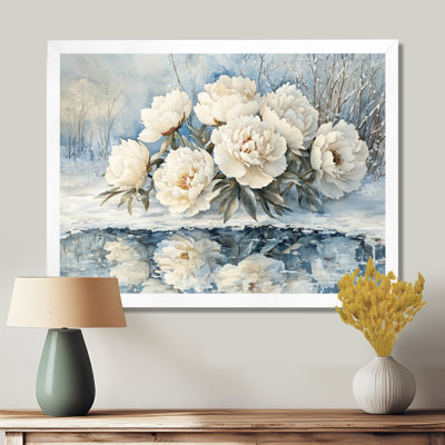Pivoines blanches par l'étang gelé II - pivoines, art mural
