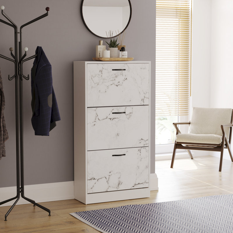 Vida 3 Drawer Flip Down Shoe Storage Free Standing Cabinet For Hallway, White Marble, 118" H x 60" W x 24" D