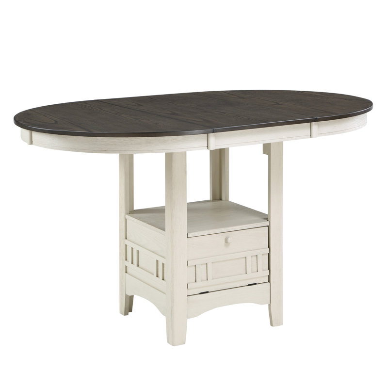 Table de salle à manger à hauteur de comptoir de style traditionnel avec rallonge et rangement en rosé antique blanc et brun