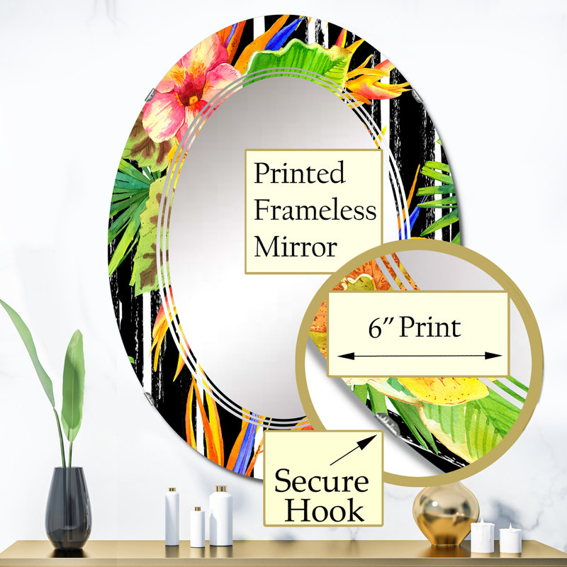 Jaune jaune rouge et vert fleurs tropicales sur fond noir - miroir mural tropical ovale, 36 po x 24 po
