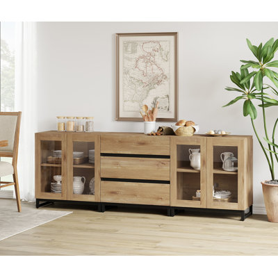 3 In 1 Modern Sideboard With Glass Doors And 3 Drawers,Storage Cabinet With Adjustable Shelves, Coffee Bar Cabinet For Living Room, Kitchen