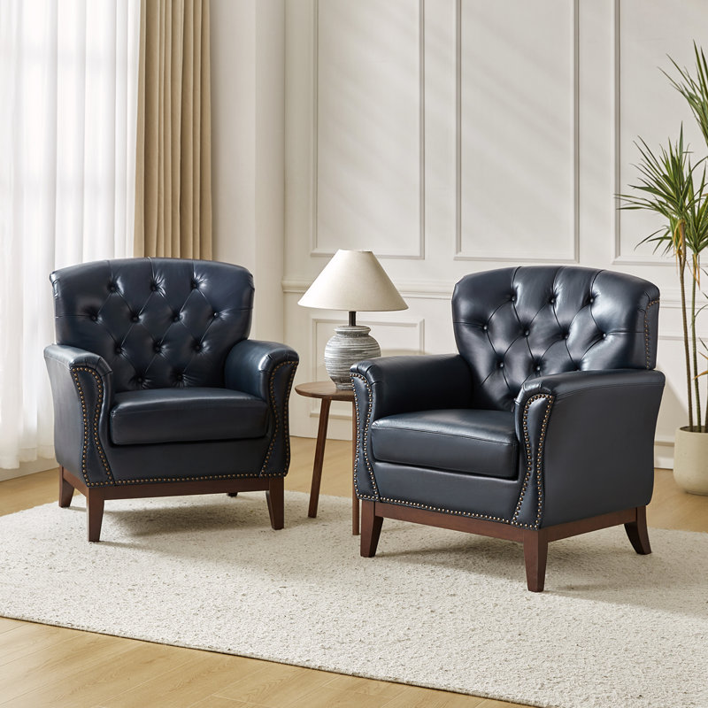 Dilane Traditional Genuine Leather Armchair with Solid Wood Legs, Navy Genuine Leather