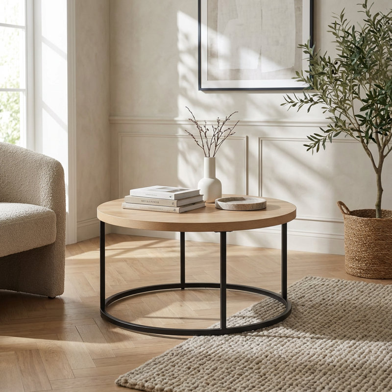 Modern Industrial Round Coffee Table with Sturdy Metal Base and Scratch-Resistant Wood Finish