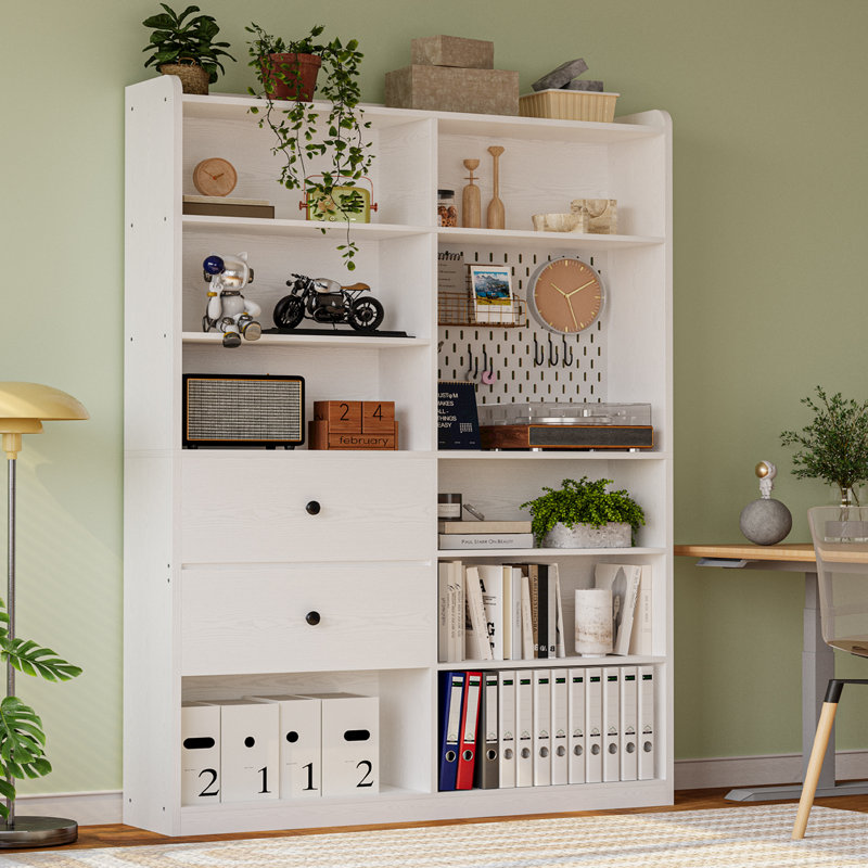 79" H X 55" W 8 Cubby Display Book Shelves With Pegboard And Deep Drawer, White