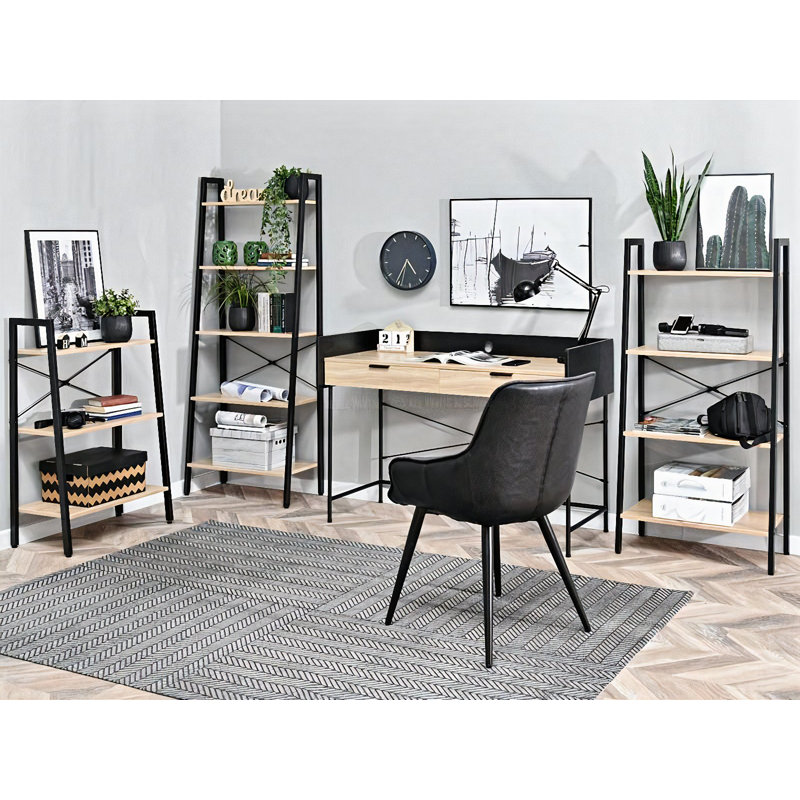 Dawnella 130cm H x 64cm W Steel Etagere Bookcase, Oak, Black