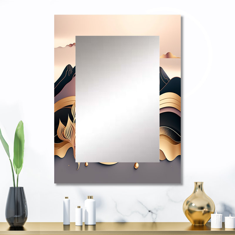 Or métallique, vue sur la plage III - miroir minimaliste, miroir mural traditionnel unique, impression d'art en métal