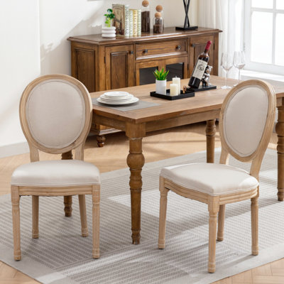 Beige Linen Dining Chair Of 2, French Style, Solid Wood Base, Antique Painting, Pleasant Fabric Design Wood, Comfort Zone