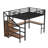Queen Size Metal Loft Bed with L-Shaped Desk, Wardrobe, Adjustable Shelf & USB, High Loft Bed with LED Wood-Grain for Kids Teens Adults