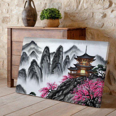 Toile, paysage serein et mystique avec art mural de style asiatique traditionnel, pagode en bois perchée sur un affleurement rocheux