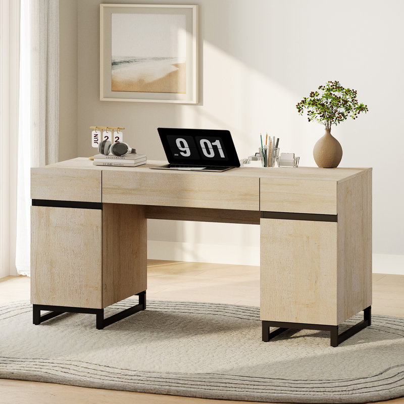 Office Furniture Set: 59In Modern Executive Desk With Charging Station And Drawers And Four 72In Tall Bookcases, Home Office Furniture For Work Study