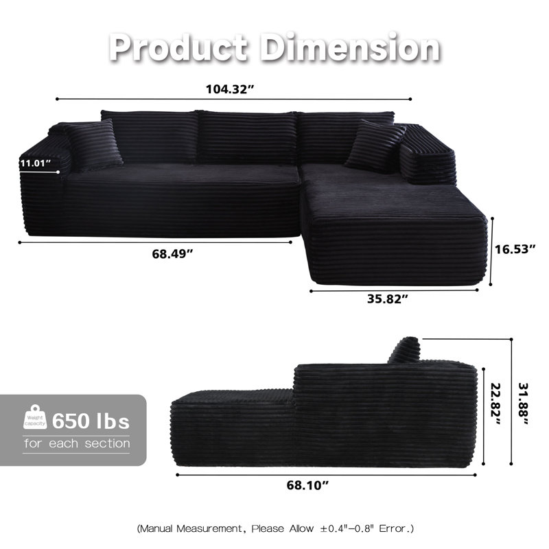 Kustas 2-Piece Corduroy Sectional Sofa Bed - Black