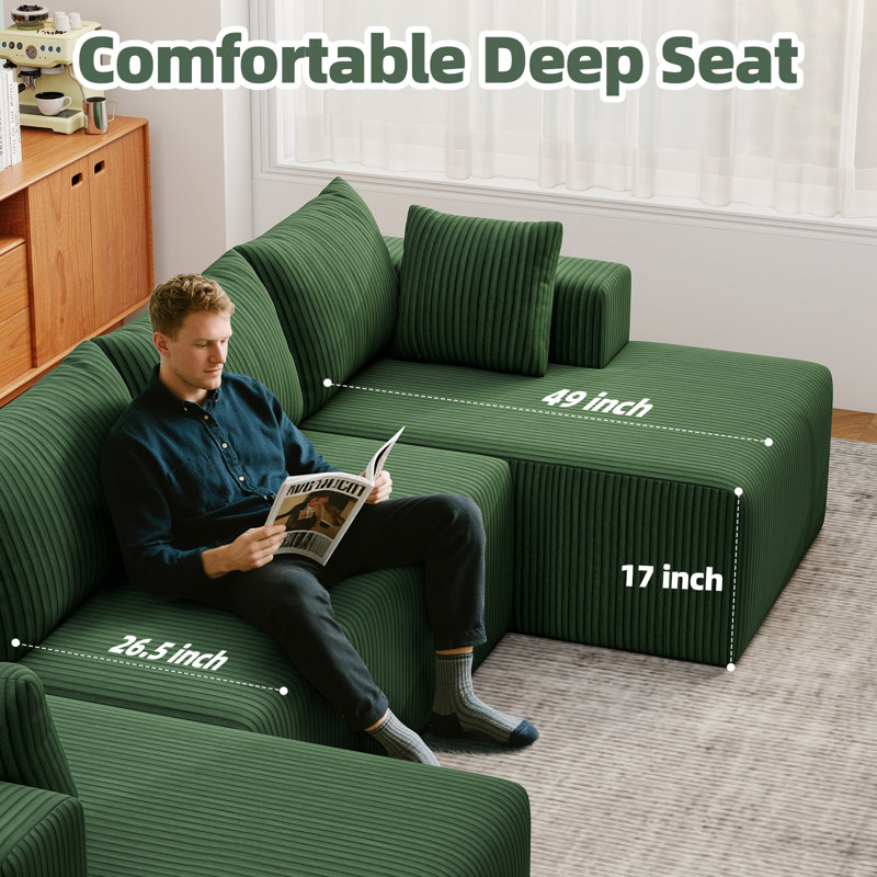Boneless 132'' Modular Boneless Couches For Living Room, Corduroy Deep Seat Sofa With 2 Chaise Lounges And 1 Loveseat, Green