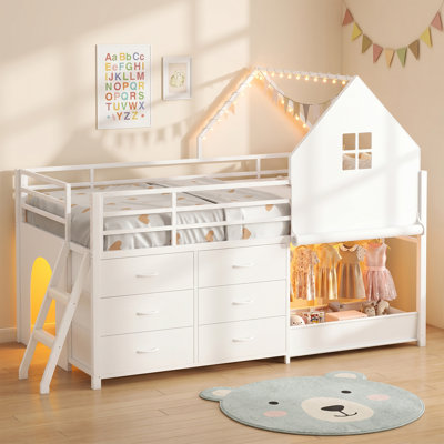 Lit mezzanine simple avec 6 tiroirs, lit mezzanine à DEL, support à vêtements avec tringles de suspension et panier de rangement, espace de jeu sous le lit, lits mezzanine avec barrière de sécurité, blanc