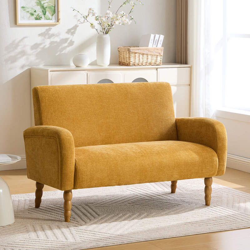 Small 2 Seater Sofa With Solid Rubberwood, Mid Century Modern Fabric Loveseat Sofa for Living Room Bedroom Office, Yellow