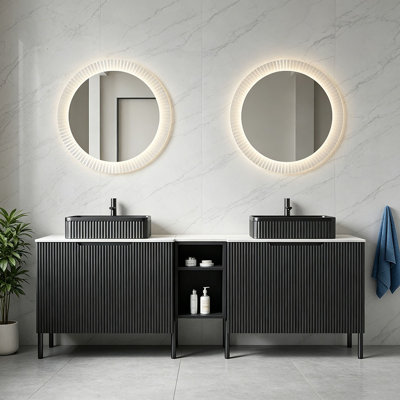 Meuble-lavabo double autoportant 72 po avec lavabos 72 po, 2 armoires de rangement rayées 30 po + tablette ouverte amovible 12 po, 2 vasques rectangulaires avec comptoir blanc Carrara