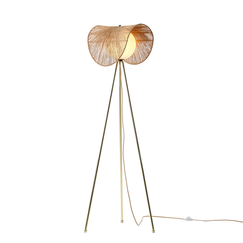Adjustable Brass Tripod Floor Lamp with Rattan Shade