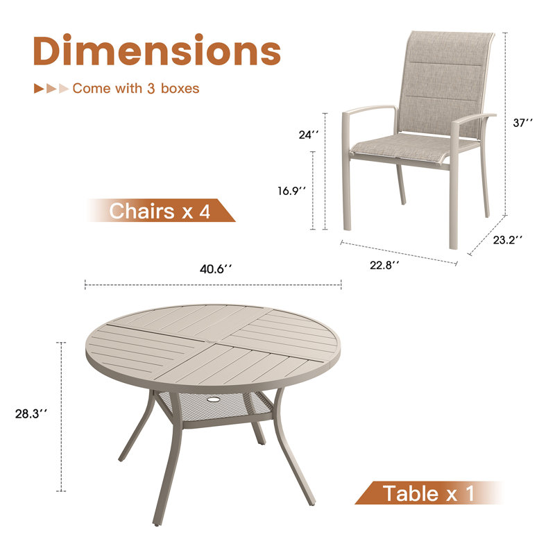 4-Person Patio Dining with Round Metal Dining Table and 4 Padded PVC-coated polyester Chairs, Cream/Sandshell
