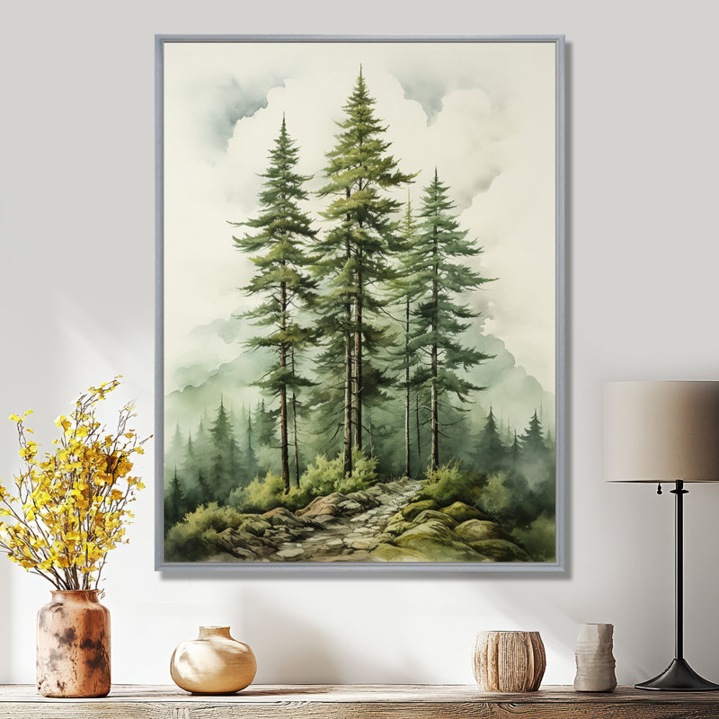 Vert arbre vert Eternal Guardians II - arbre pin, art mural encadré, H 32 po x l 16 po x P 1 po, Encadrement argenté