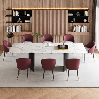 9 - Piece Dining Table Set With 63'' To 94.5'' Extendable Sintered Stone Dining Table With 8 Upholstered Fuax Leather Chairs