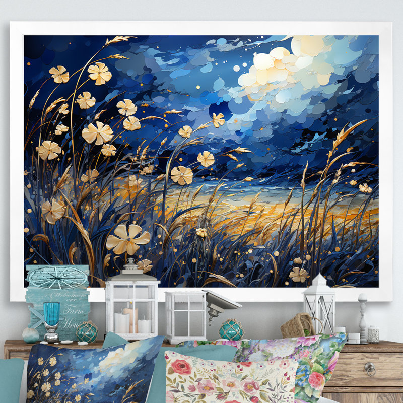 Navy Blue Poppies Field, 34" H x 44" W x 1.5" D, White Single Picture Framed