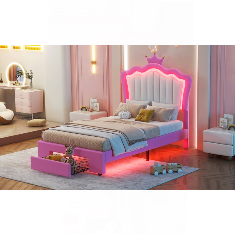 Twin Size Upholstered Bed Frame With LED Lights, Modern Upholstered Princess Bed With Crown Headboard, A Drawer, Pink+White