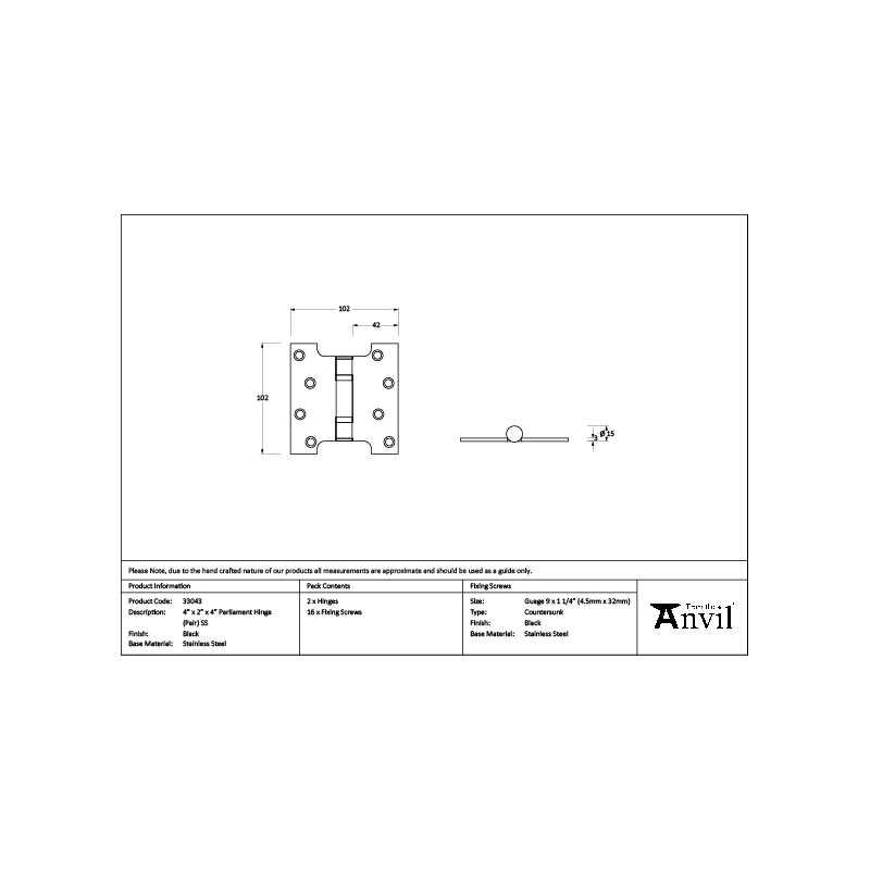 10.2cm H x 102cm W Butt Bearing Pair Door Hinges, Black