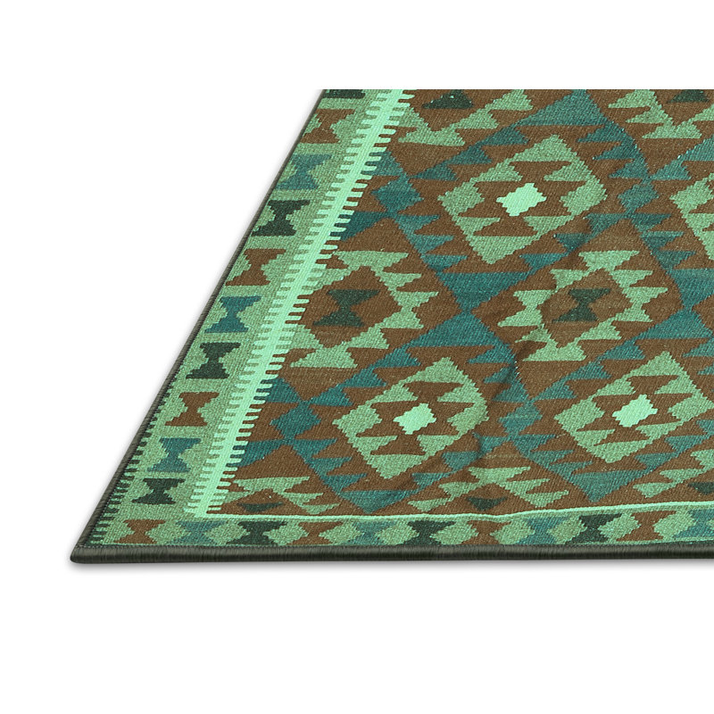Tapis uni uni bleu / vert / brun en laine / polyester tissé à la machine 5 pi x 7 pi