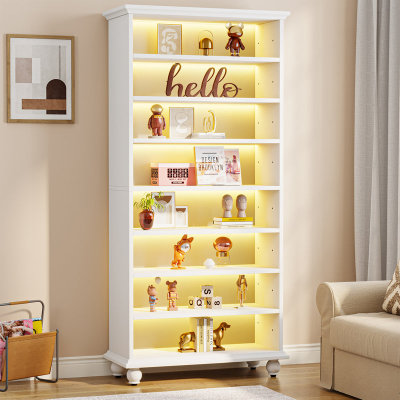 9-Tiers Tall Bookcase With LED Lighting, White