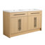 Meuble-lavabo double 59 1/8 po - Armoire en chêne clair avec lavabo intégré, tablettes réglables et 2 options de couleur de poignée (poignée noire)-2146181942-2146181940