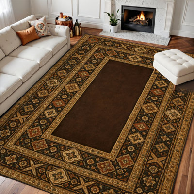 Tapis lavable 240 x 300 cm, bordure florale ornée, poils courts, envers antidérapant en TPE, motifs géométriques, couleur brun riche, or et rouille, doux, idéal pour le salon, la chambre, la salle à manger et le bureau.