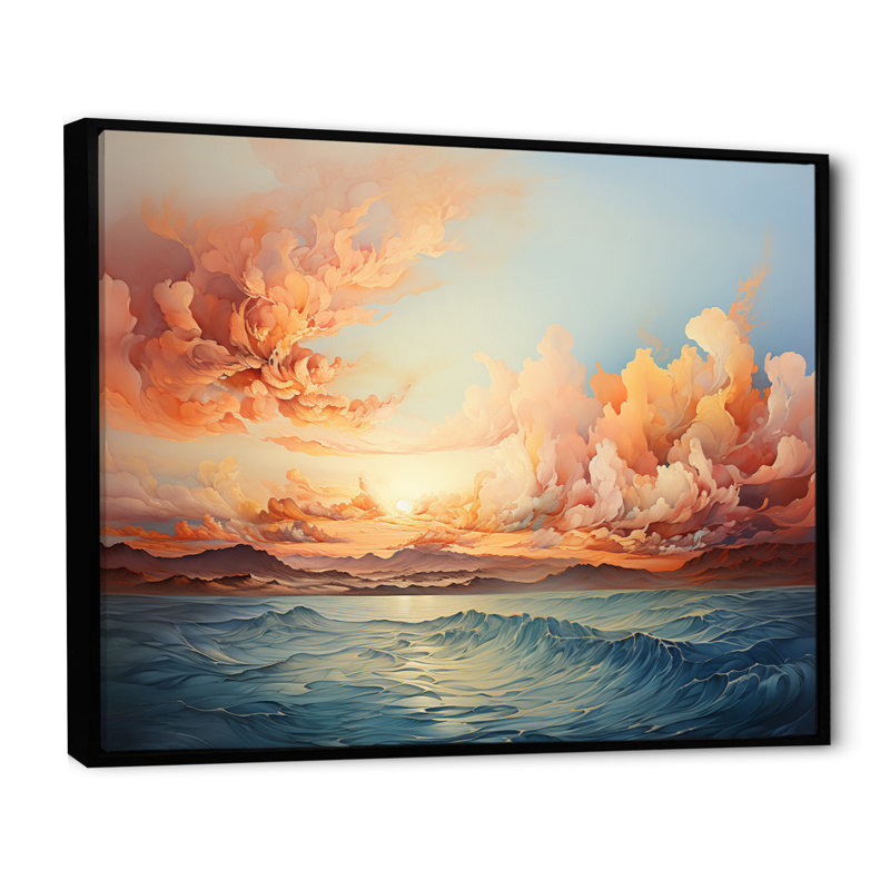 «Peach Ocean Sunrise I», reproduction sur toile, H 34 po x l 44 po x P 1,5 po, Cadre flottant noir