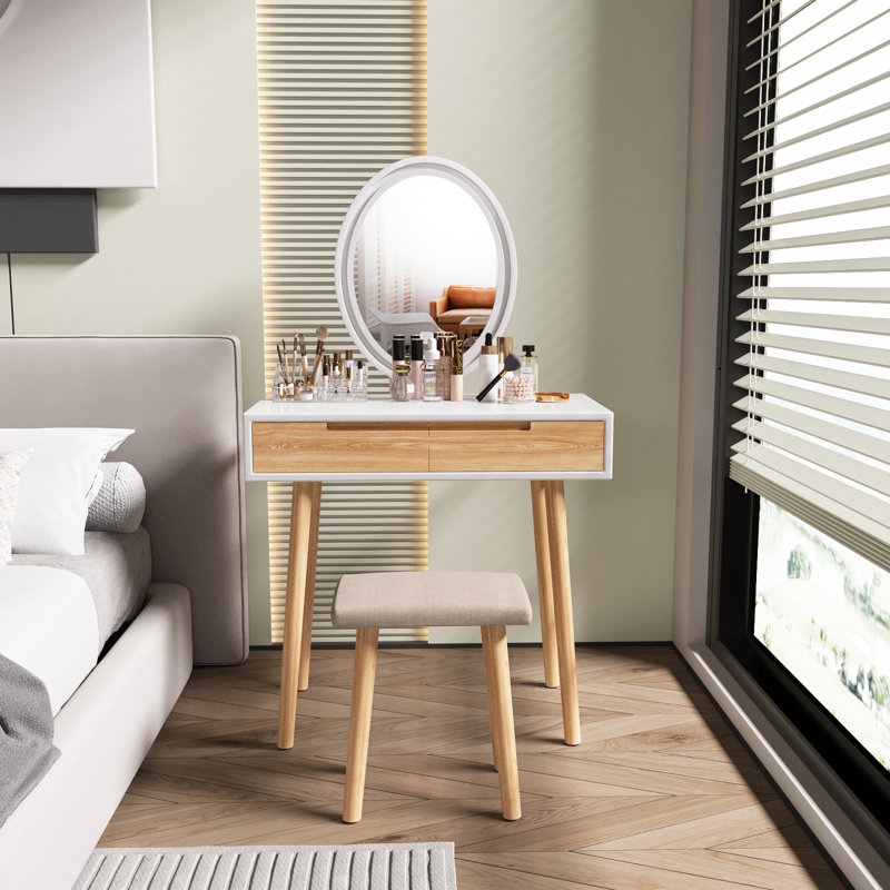 Angeligue Vanity Table Set with Adjustable Brightness Mirror and Cushioned Stool, Burlywood