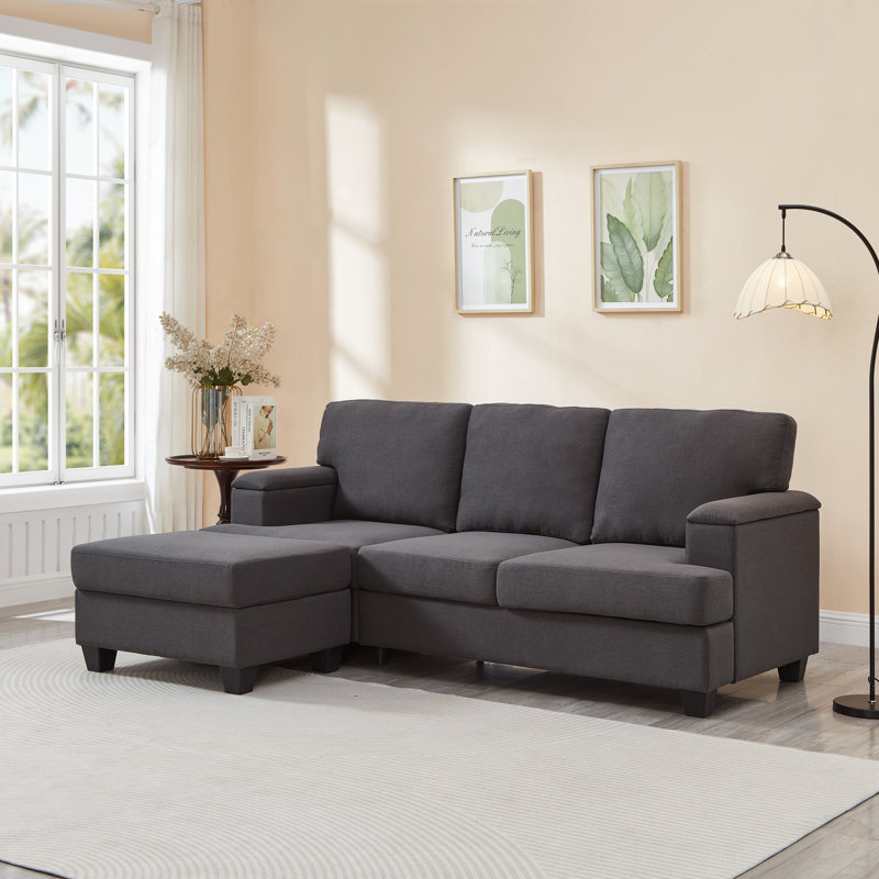 86" Linen Upholstered Sofa with a Movable Storage Ottoman, Underseat Storage and 2 Flip-up Armrests, Dark Gray