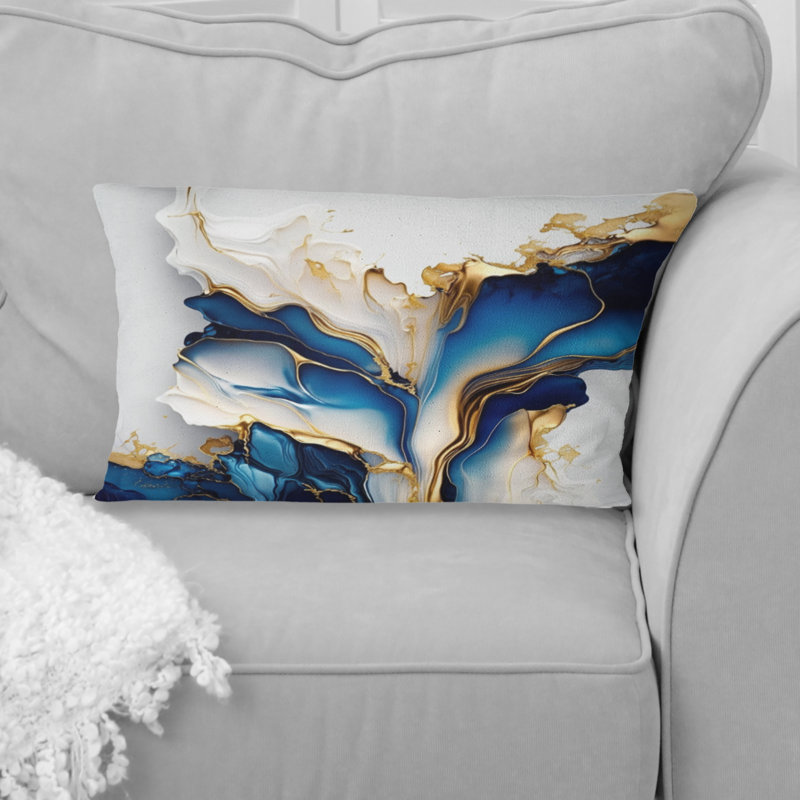 Abstract Geode Gold And Blue Marble Shape III - Abstract Marble Printed Pillow, Rectangular, 12" x 20"