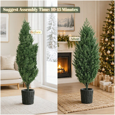 Ensemble de 2 arbres de Noël artificiels en cèdre de 4 pi résistants aux rayons UV, 291 pointes de branches en PE, faux arbre à feuilles persistantes pour la décoration de patio de maison de vacances