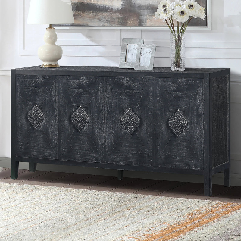 Carved Flower Door Handle, Antique Four Door Cabinet for Living Room Kitchen Hallway, Antique Black