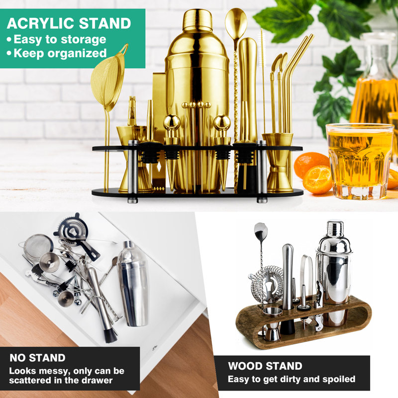 Gold 25-Piece Stainless Steel Bartender Kit with Acrylic Stand