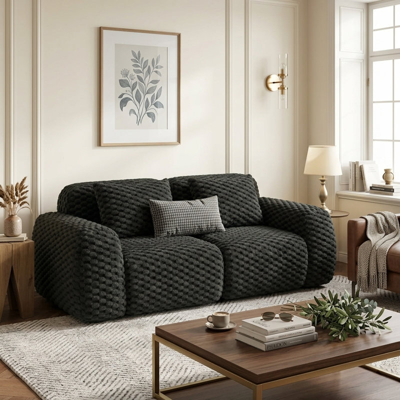 Canapé de salon moderne et minimaliste, tissu d'ameublement en tissu texturé, Noir