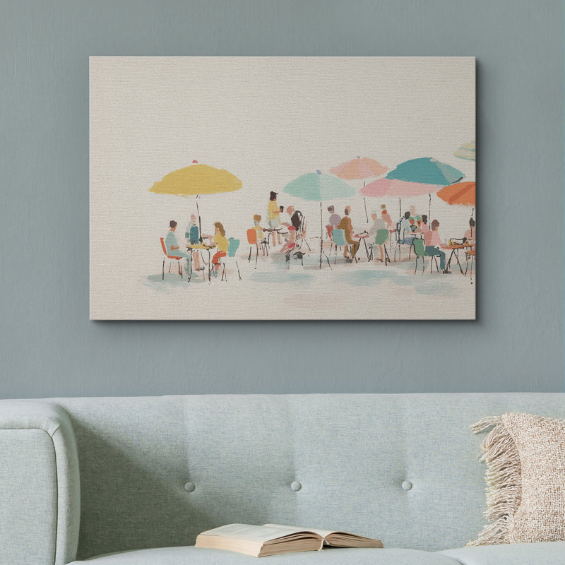Impression d'art sur toile, "Colorful Cafe Umbrella Scene" - Aquarelle fantaisiste pour la cuisine ou le vestibule