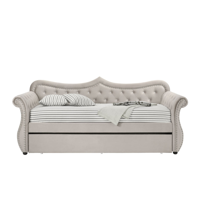 Beige Twin Upholstered Sleigh Daybed with Trundle and Nailhead Trim