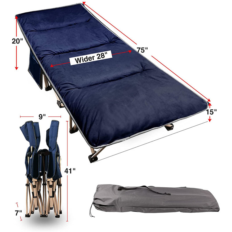 Lit de camp pliant avec surmatelas pour adultes, Bleu marine